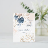 Marineblauw & gouden rozen Save the Date Briefkaart (Staand voorkant)