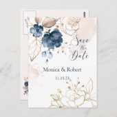 Marineblauw & gouden rozen Save the Date Briefkaart (Voorkant / Achterkant)