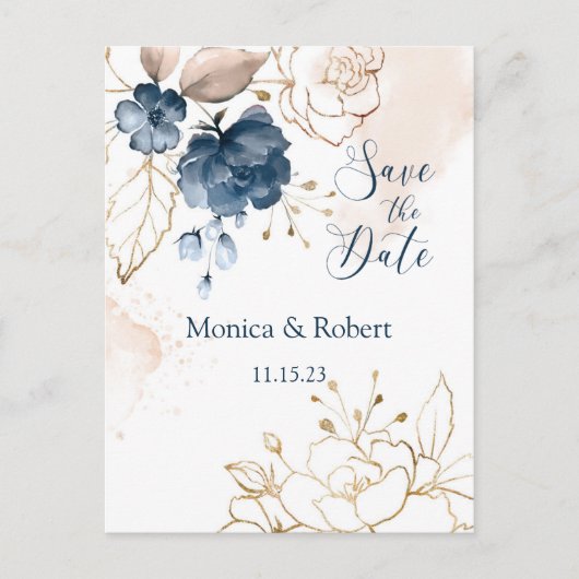 Marineblauw & gouden rozen Save the Date Briefkaart (Voorkant)