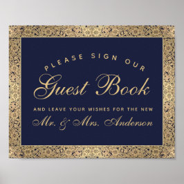 Marineblauw Gouden Rozen Trouwbord Ons Gastenboek Poster