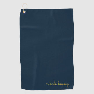 Marineblauw Gouden Schrift | Stijlvol Modern Mono Golfhanddoek