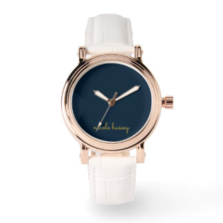Marineblauw Gouden Schrift | Stijlvol Modern Mono Horloge