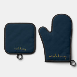Marineblauw Gouden Schrift  | Stijlvol Modern Mono Ovenwant & Pannenlap Set