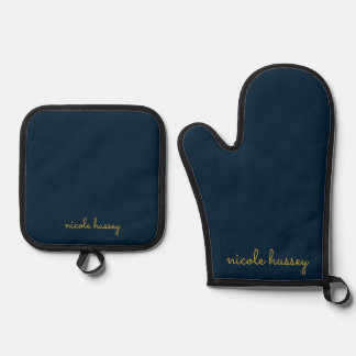 Marineblauw Gouden Schrift | Stijlvol Modern Mono Ovenwant & Pannenlap Set