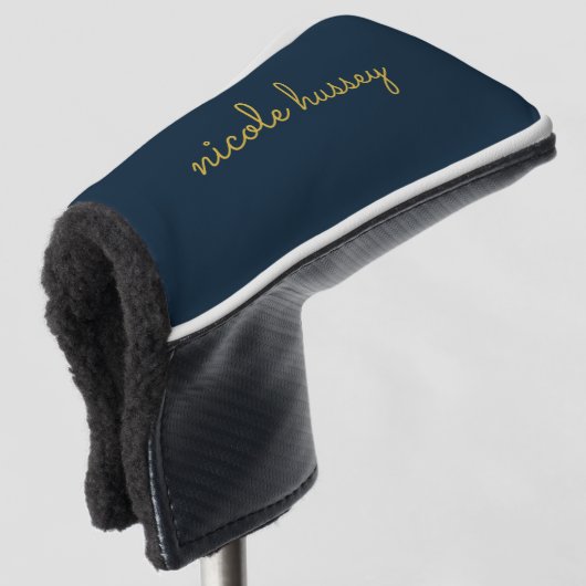 Marineblauw Gouden Script | Stijlvol Modern Monog Golfheadcover (3/4 voorkant)