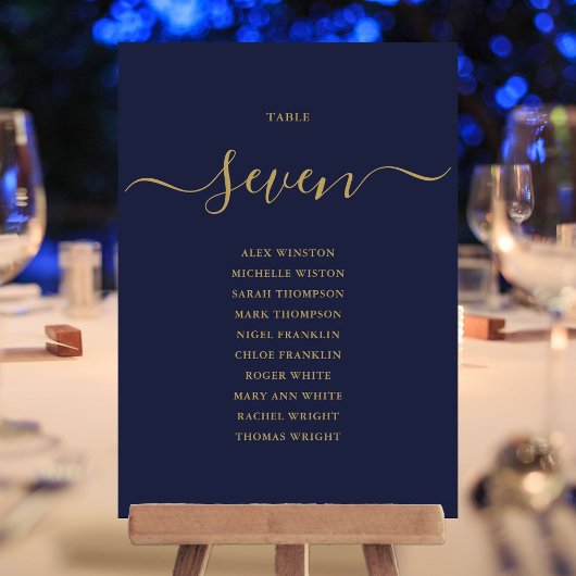 Marineblauw Gouden Script Tafelnummer Zitplaatskaa