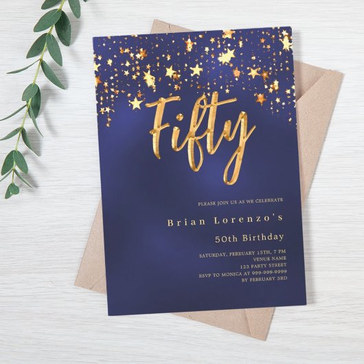 Marineblauw gouden sterren 50e verjaardag luxe kaart
