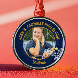 Marineblauw Gouden Tennisspeler Foto Kerstcadeau Metalen Ornament