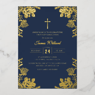 Marineblauw Gouden Vintage Kruis Jongens Eerste Co Folie Uitnodiging