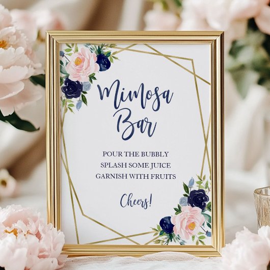 Marineblauw Gouden Waterverf Bloemige Mimosa Bar B Poster