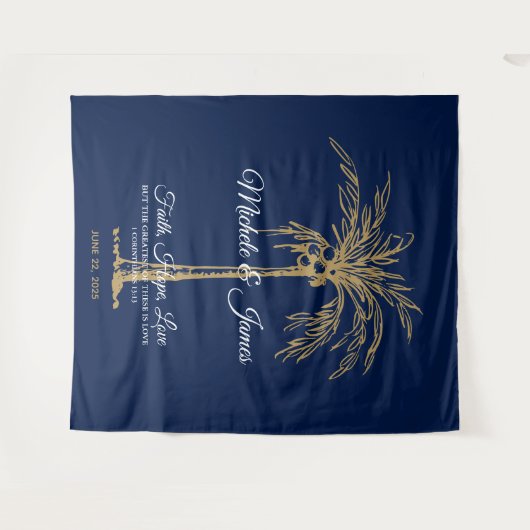 Marineblauw goudpalm Beach Weddenschap Backdrop Wandkleed (Voorkant (horizontaal))