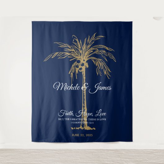 Marineblauw goudpalm Beach Weddenschap Backdrop Wandkleed (Voorkant)