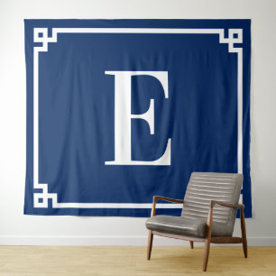 Marineblauw Grieks Key Border Groot Monogram E Wandkleed