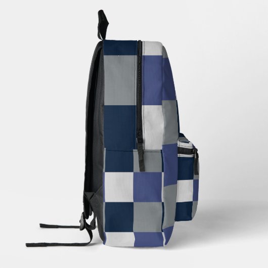 Marineblauw grijs wit dambord geruit bedrukte rugzak (Links)