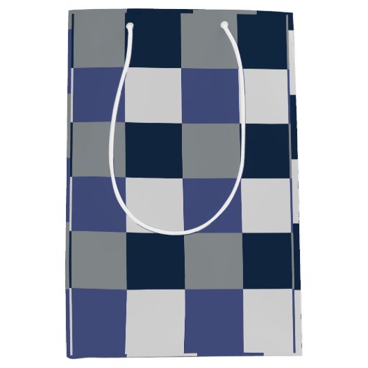 Marineblauw grijs wit dambord medium cadeauzakje (Voorkant)