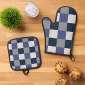 Marineblauw grijs wit dambord ovenwant & pannenlap set (Top down)