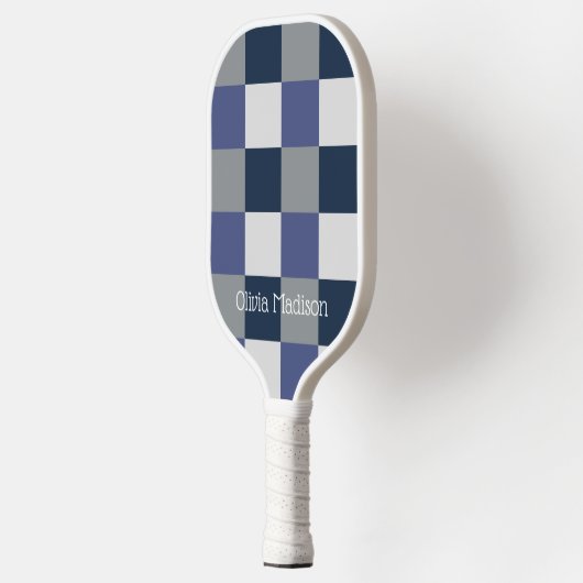 Marineblauw grijs wit schaakbord gepersonaliseerd pickleball paddle (Links)