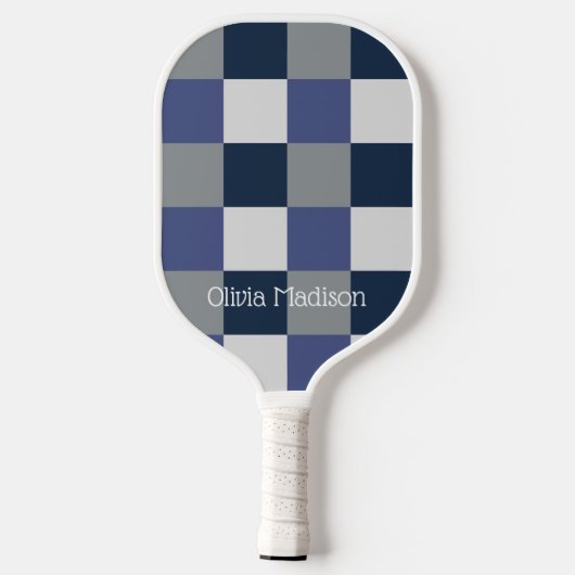 Marineblauw grijs wit schaakbord gepersonaliseerd pickleball paddle (Achterkant)