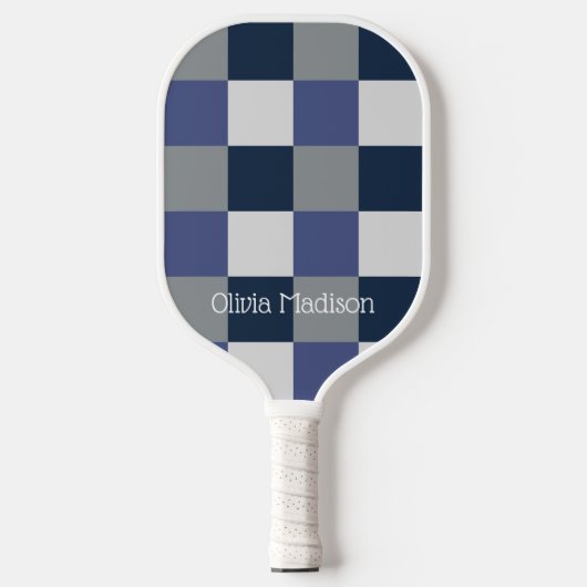 Marineblauw grijs wit schaakbord gepersonaliseerd pickleball paddle (Voorkant)