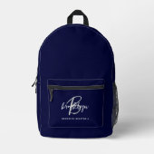 Marineblauw Grijs Wit Script Monogram Naam Bedrukte Rugzak (Voorkant)