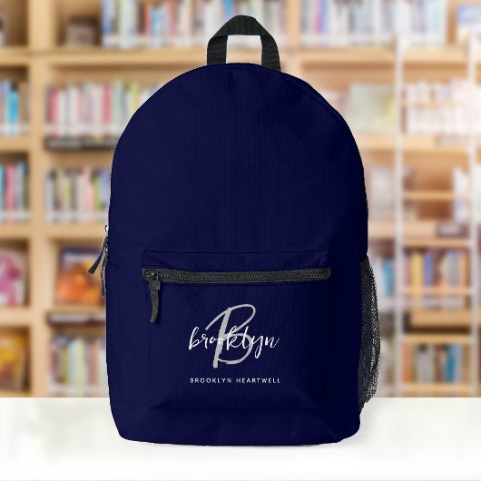 Marineblauw Grijs Wit Script Monogram Naam Bedrukte Rugzak