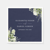 Marineblauw groen Bloemen Elegante Namen Datum Servet (Voorkant)