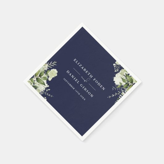Marineblauw groen Bloemen Elegante Namen Datum Servet (Hoek)