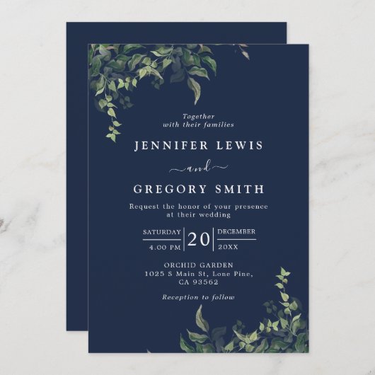 Marineblauw groen Botanische Waterverf Bruiloft Kaart (Voorkant / Achterkant)