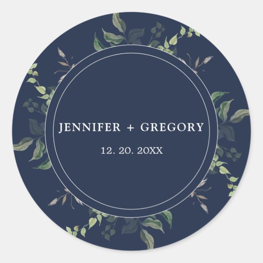 Marineblauw groen Botanische Waterverf Bruiloft Ronde Sticker (Voorkant)