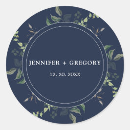 Marineblauw groen Botanische Waterverf Bruiloft Ronde Sticker