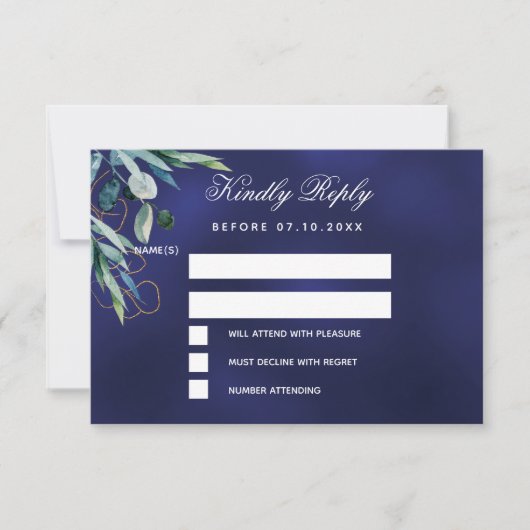 Marineblauw groen bruiloft RSVP Kaartje (Voorkant)