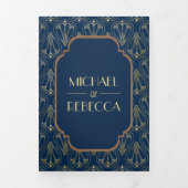 marineblauw grote gatsby art deco bruiloft drieluik uitnodiging (Cover)