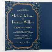 marineblauw grote gatsby art deco bruiloft drieluik uitnodiging (Binnenzijde eerst)