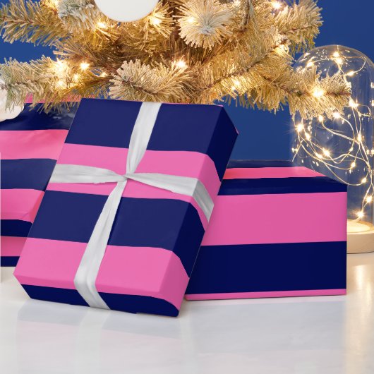 Marineblauw, Heet Roze #2 XL Preppy Stripe 1x Cadeaupapier (Feestdagen)
