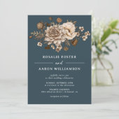 Marineblauw + Herfst Floral Formal Moody Boho Brui Kaart (Staand voorkant)