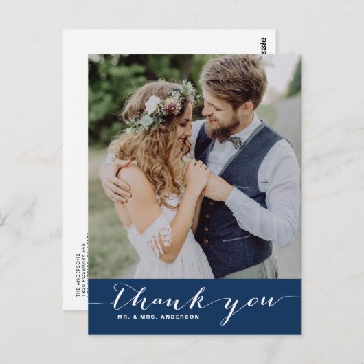 Marineblauw | Het huwelijk van het manuscript Dank Briefkaart (Voorkant / Achterkant)