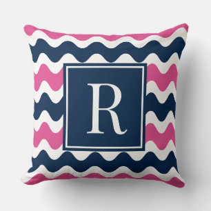 Marineblauw & Hot Pink Preppy Ric Rac Streep Monog Kussen