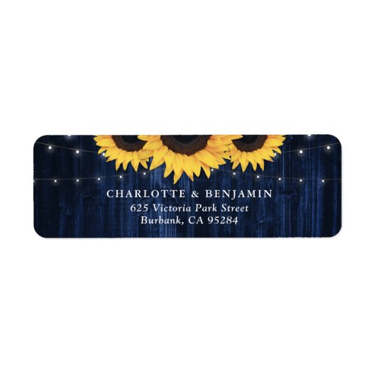 Marineblauw Hout Zonnebloem Bruiloft Retouradres Etiket (Voorkant)