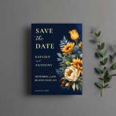 Marineblauw humeurig rustiek zonnebloemen bruiloft save the date
