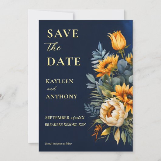 Marineblauw humeurig rustiek zonnebloemen bruiloft save the date (Voorkant)
