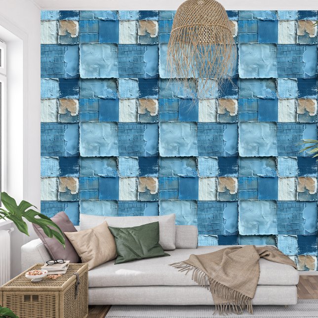  marineblauw indigo collage papier textuur behang (Artistic navy blue indigo collage paper texture wallpaper)