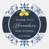 Marineblauw Italiaans citroen Baby shower Dank u Ronde Sticker (Voorkant)