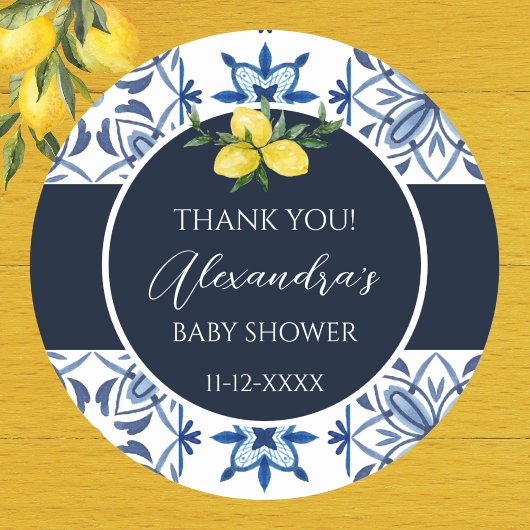 Marineblauw Italiaans citroen Baby shower Dank u Ronde Sticker