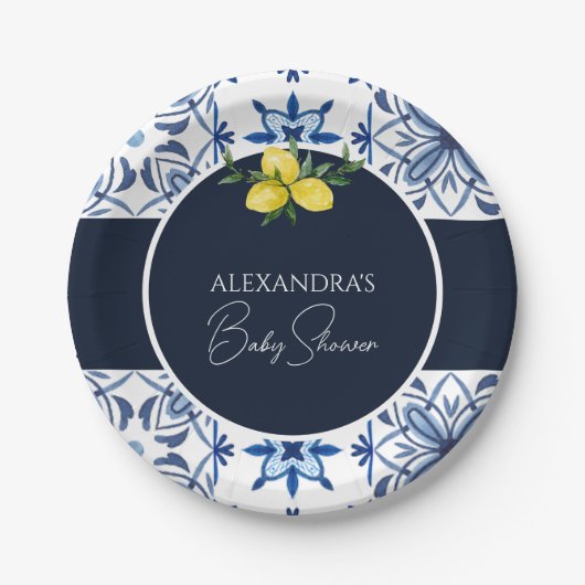 Marineblauw Italiaans geel citroen Baby shower Papieren Bordje (Voorkant)