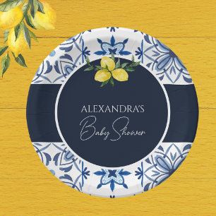 Marineblauw Italiaans geel citroen Baby shower Papieren Bordje