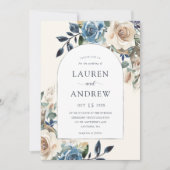 Marineblauw Ivoor Bloemen Zilveren Boog Bruiloft Kaart (Voorkant)