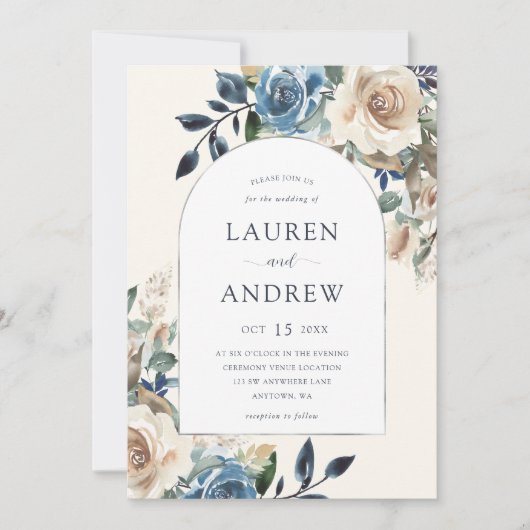 Marineblauw Ivoor Bloemen Zilveren Boog Bruiloft Kaart (Voorkant)