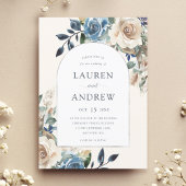 Marineblauw Ivoor Bloemen Zilveren Boog Bruiloft Kaart