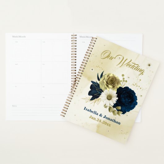 marineblauw ivoor gouden bloemen bruiloft planner (Display)