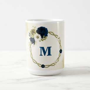 Marineblauw ivoor gouden bloemen monogram koffiemok